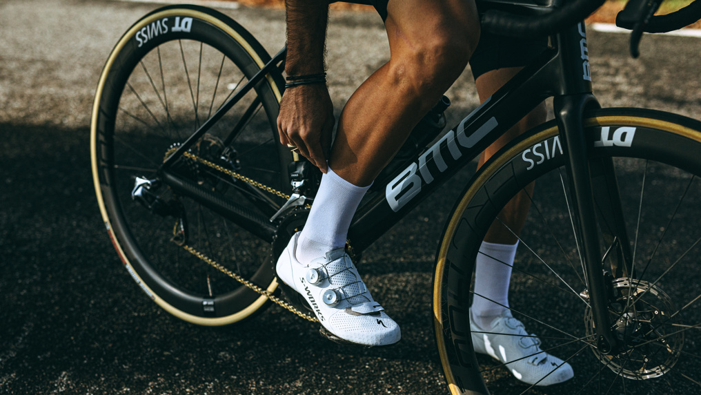 cyclist on a bmc bike wearing nologo white cycling socks