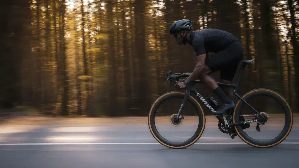 Cyclist in an all-black kit riding a black road bike at speed through a forest, wearing black cycling socks in a minimalist setup.